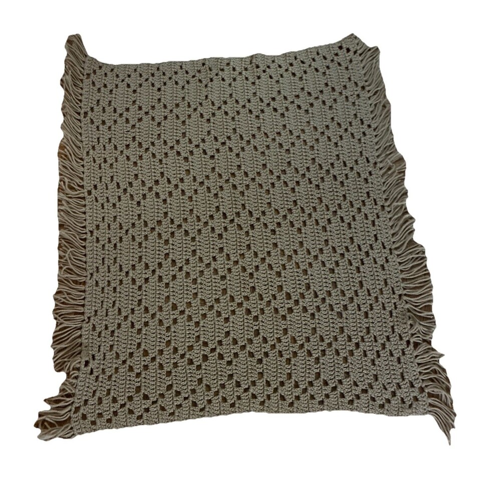 Handmade Knitted Afghan Throw Blanket with Fringe Light Brown Cottage 35X27 “.